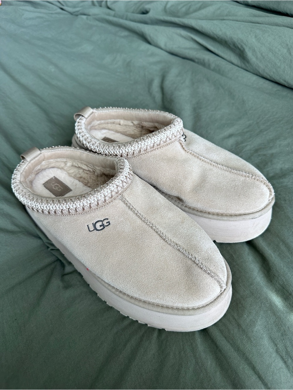UGG Light Beige Suede Platform Clog Mules